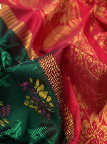 Silk cotton saree green and red with allover kalamkari prints and temple design zari woven simple border