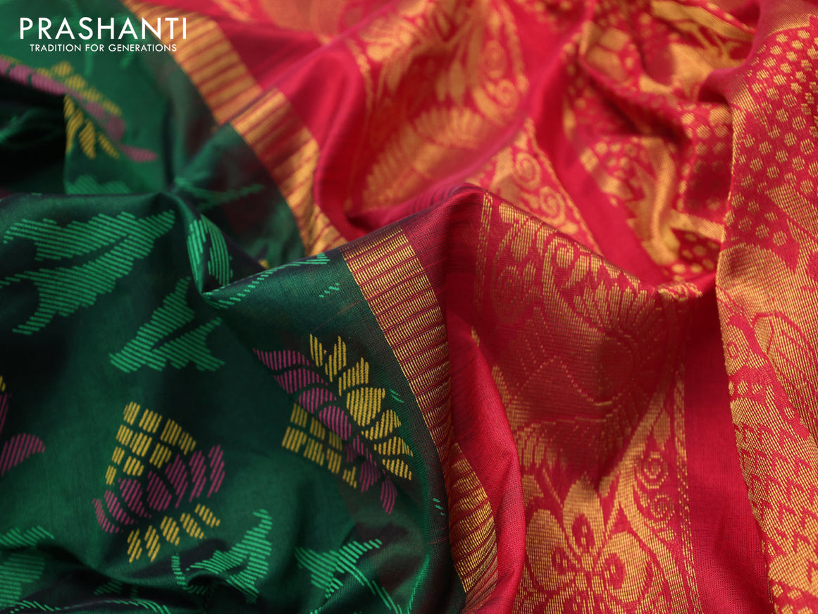 Silk cotton saree green and red with allover kalamkari prints and temple design zari woven simple border