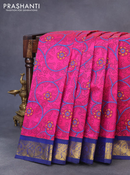 Silk cotton saree pink and blue with allover kalamkari prints and zari woven korvai border