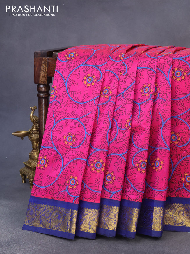 Silk cotton saree pink and blue with allover kalamkari prints and zari woven korvai border