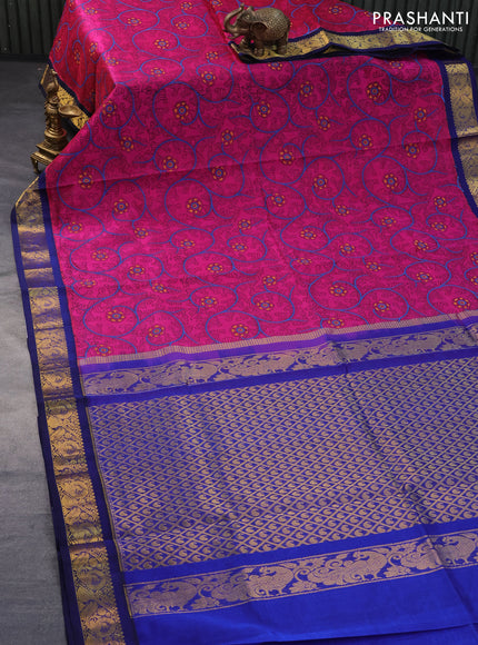 Silk cotton saree pink and blue with allover kalamkari prints and zari woven korvai border