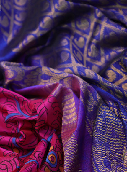 Silk cotton saree pink and blue with allover kalamkari prints and zari woven korvai border