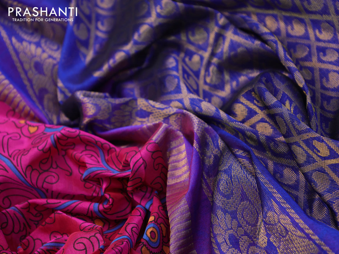 Silk cotton saree pink and blue with allover kalamkari prints and zari woven korvai border