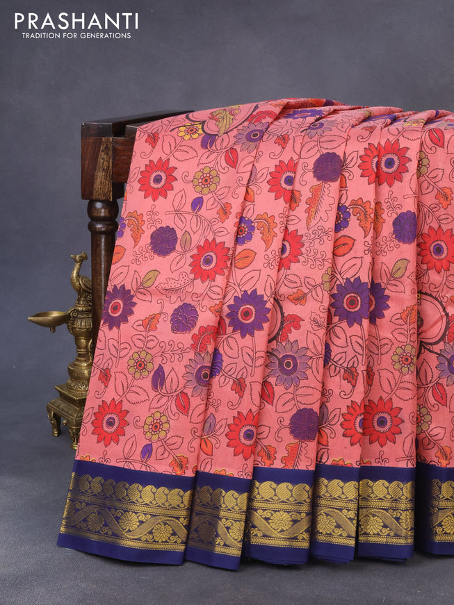 Silk cotton saree peach pink and blue with allover kalamkari prints and zari woven korvai border