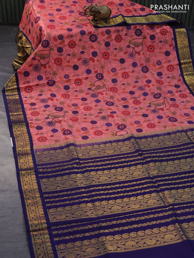 Silk cotton saree peach pink and blue with allover kalamkari prints and zari woven korvai border