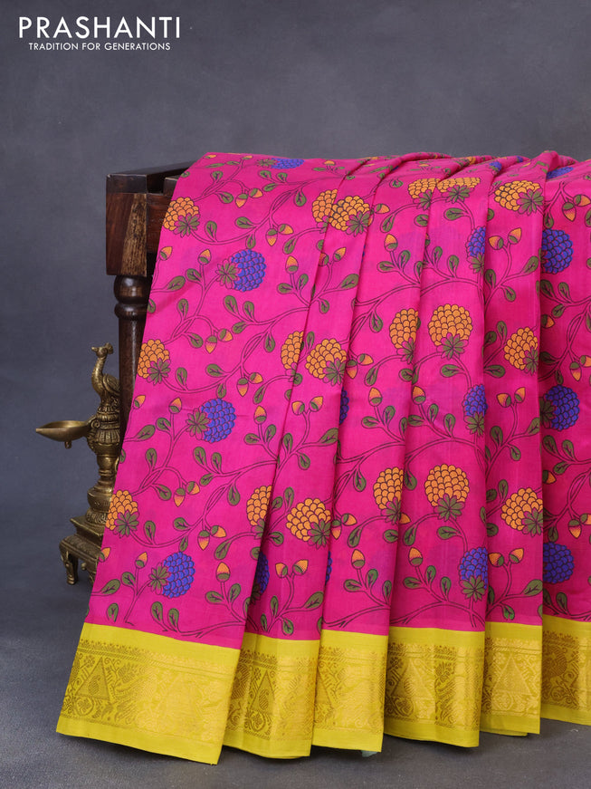 Silk cotton saree magenta pink and yellow with allover kalamkari prints and zari woven korvai border