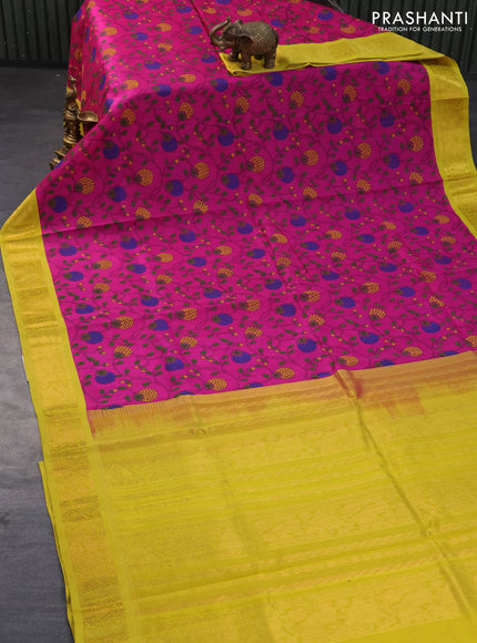 Silk cotton saree magenta pink and yellow with allover kalamkari prints and zari woven korvai border