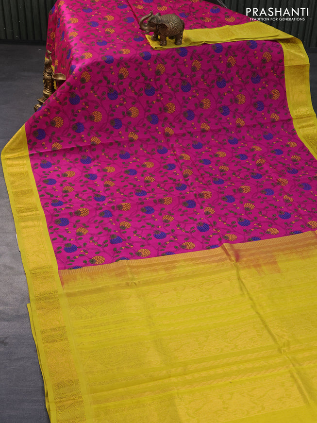 Silk cotton saree magenta pink and yellow with allover kalamkari prints and zari woven korvai border