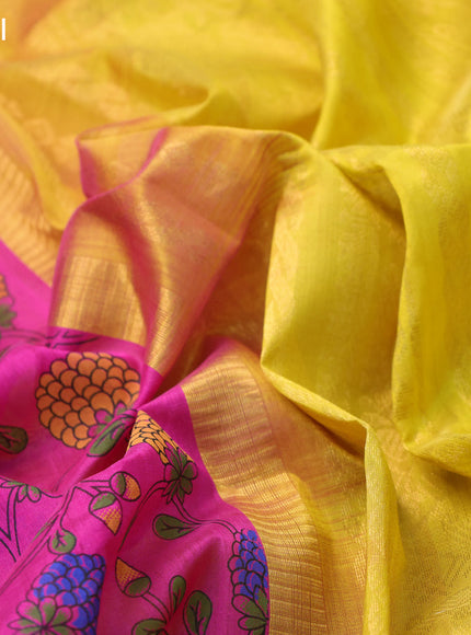 Silk cotton saree magenta pink and yellow with allover kalamkari prints and zari woven korvai border