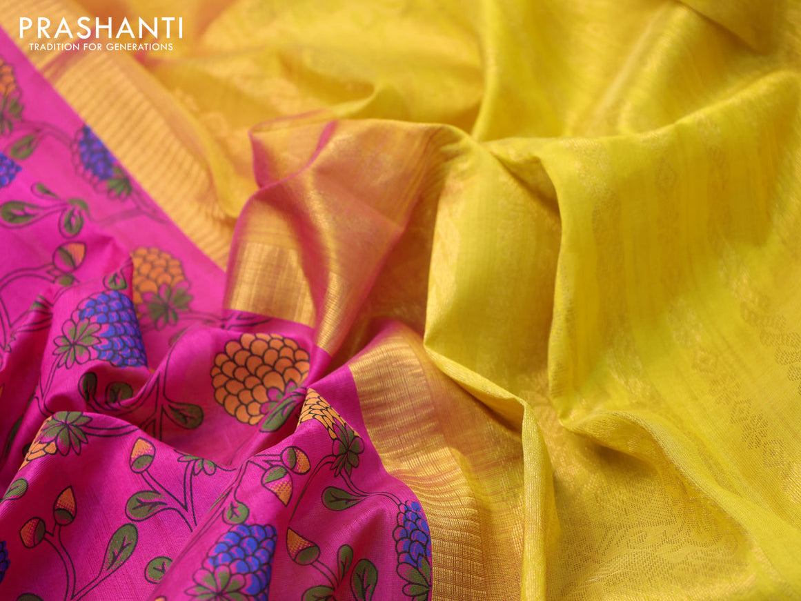 Silk cotton saree magenta pink and yellow with allover kalamkari prints and zari woven korvai border