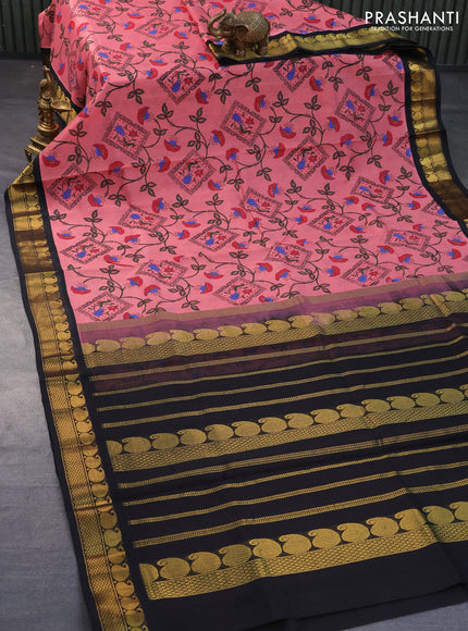 Silk cotton saree peach pink and black with allover kalamkari prints and paisley design zari woven border