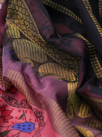 Silk cotton saree peach pink and black with allover kalamkari prints and paisley design zari woven border