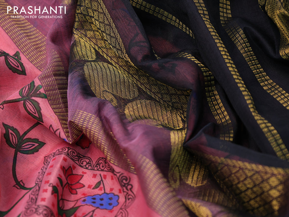 Silk cotton saree peach pink and black with allover kalamkari prints and paisley design zari woven border