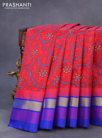 Silk cotton saree red and blue with allover kalamkari prints and temple design zari woven simple border