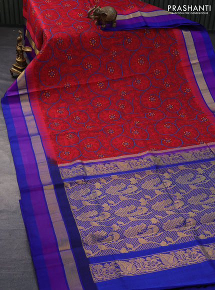 Silk cotton saree red and blue with allover kalamkari prints and temple design zari woven simple border