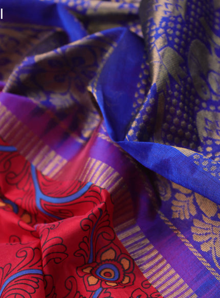 Silk cotton saree red and blue with allover kalamkari prints and temple design zari woven simple border