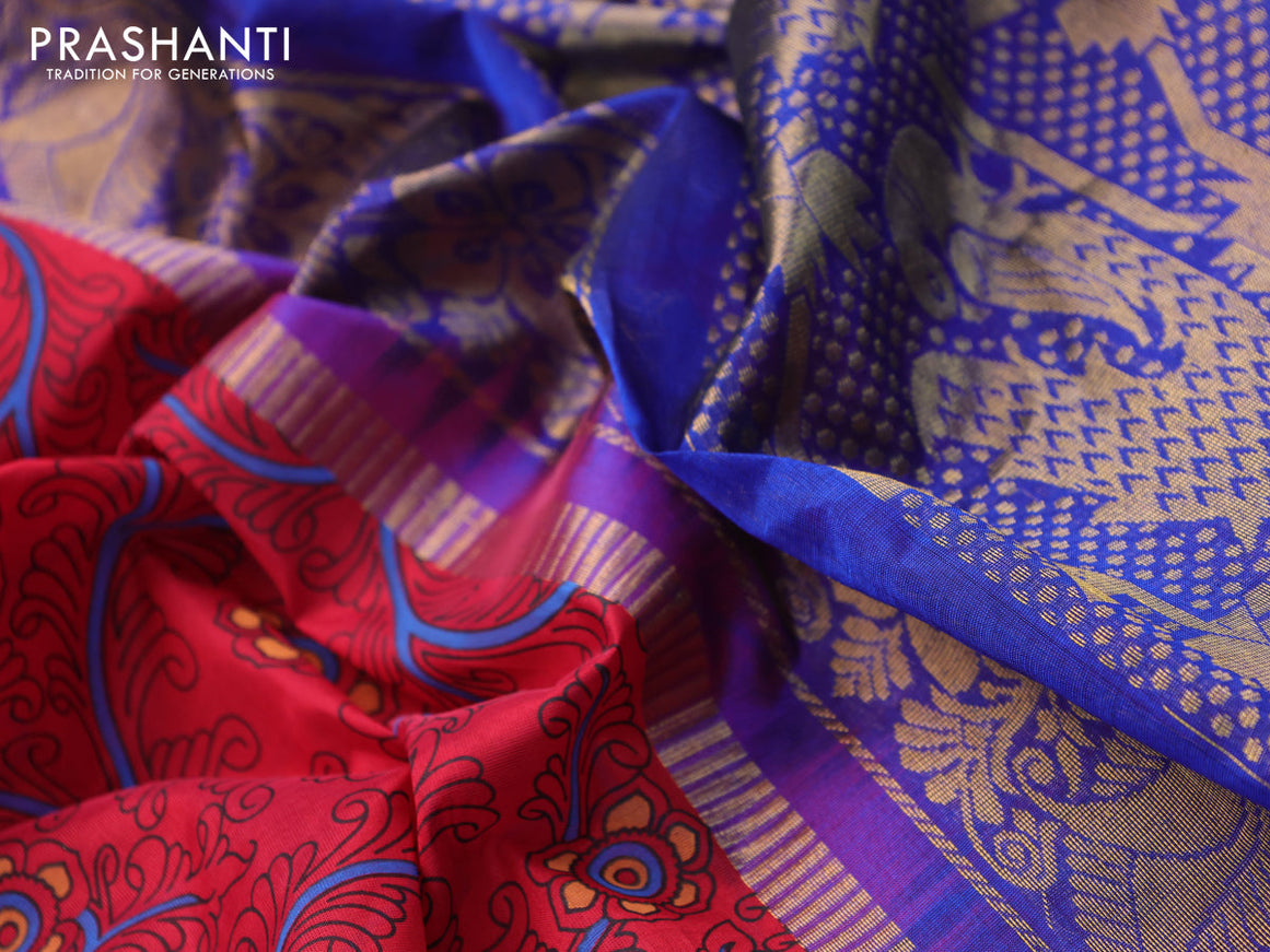 Silk cotton saree red and blue with allover kalamkari prints and temple design zari woven simple border