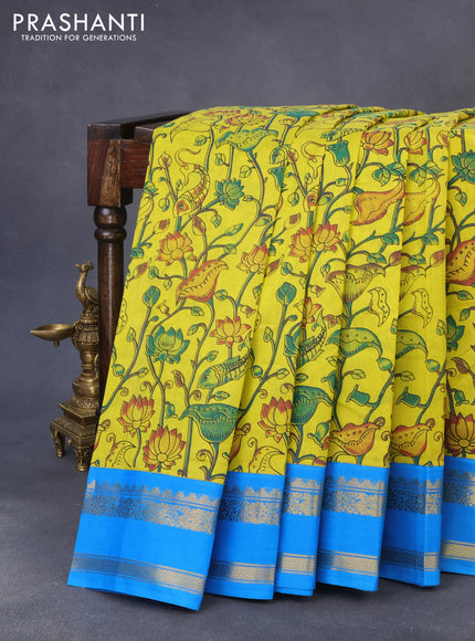 Silk cotton saree lime yellow and cs blue with allover kalamkari prints and zari woven korvai border