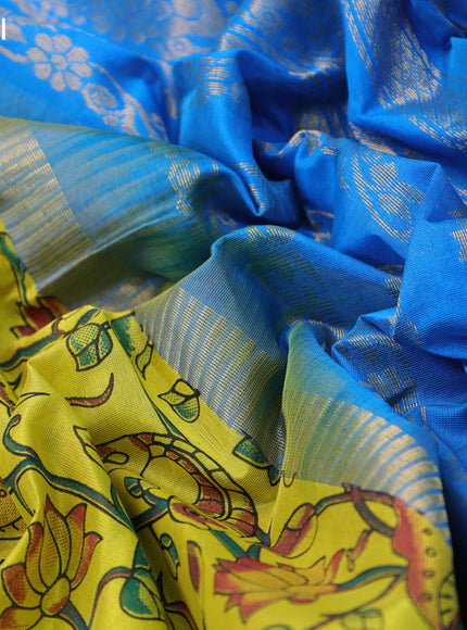 Silk cotton saree lime yellow and cs blue with allover kalamkari prints and zari woven korvai border