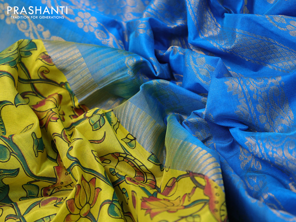 Silk cotton saree lime yellow and cs blue with allover kalamkari prints and zari woven korvai border