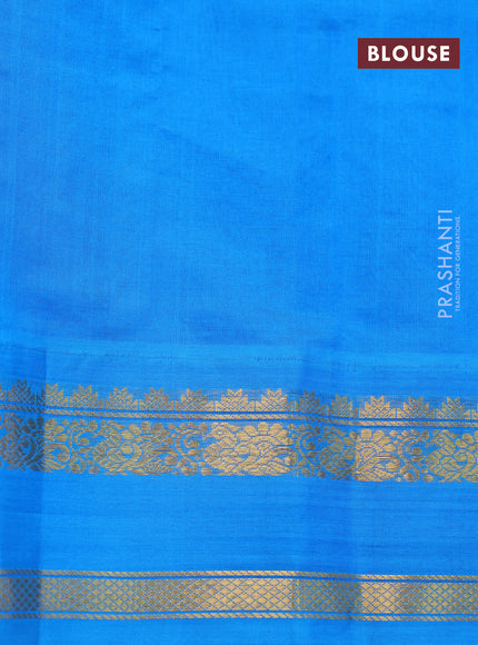 Silk cotton saree lime yellow and cs blue with allover kalamkari prints and zari woven korvai border