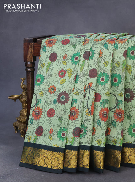 Silk cotton saree pastel green and dark green with allover kalamkari prints and zari woven korvai border