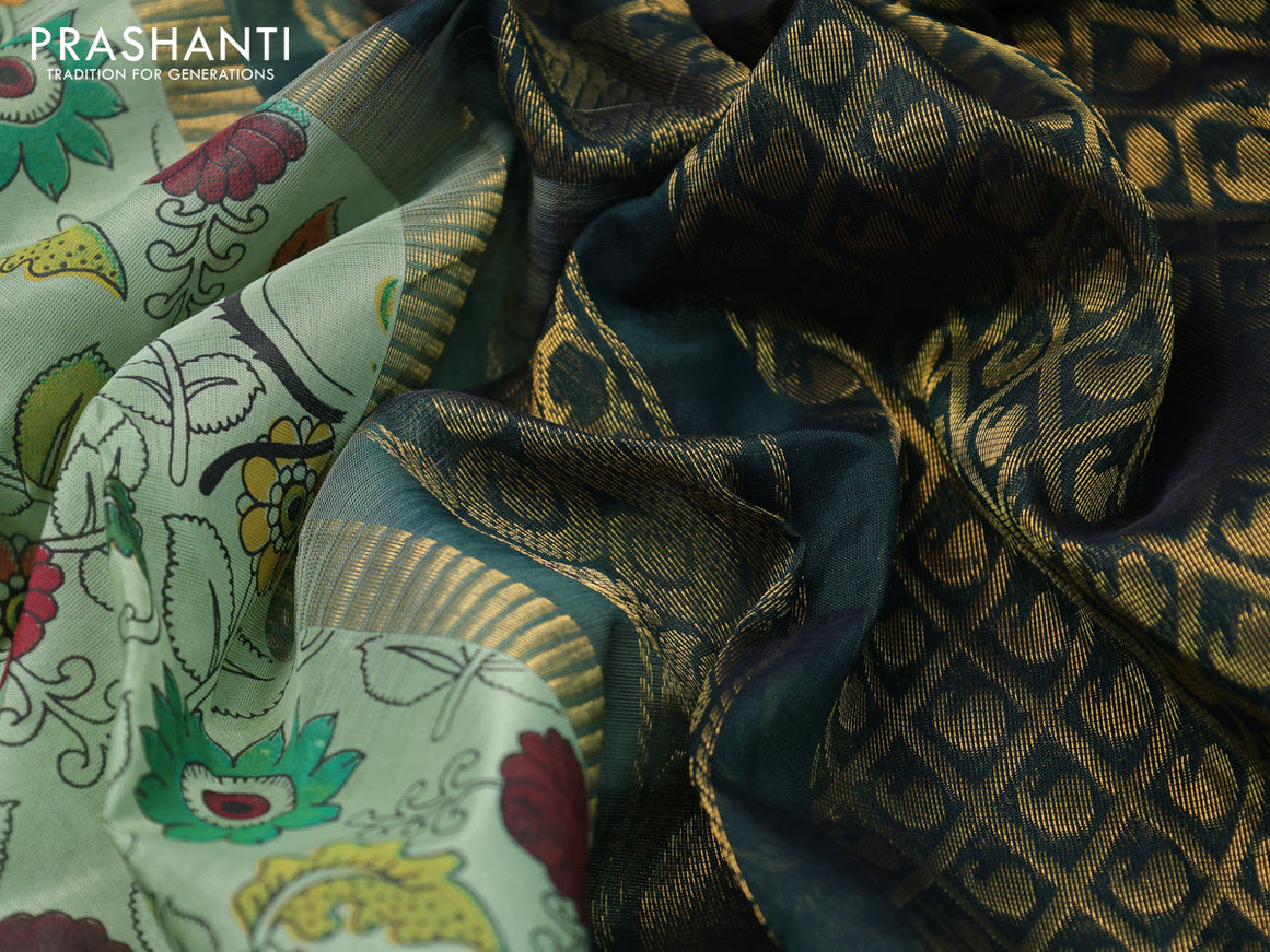 Silk cotton saree pastel green and dark green with allover kalamkari prints and zari woven korvai border