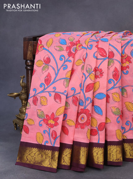 Silk cotton saree peach pink and brown with allover kalamkari prints and zari woven korvai border