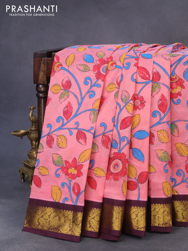 Silk cotton saree peach pink and brown with allover kalamkari prints and zari woven korvai border