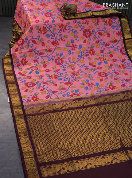 Silk cotton saree peach pink and brown with allover kalamkari prints and zari woven korvai border