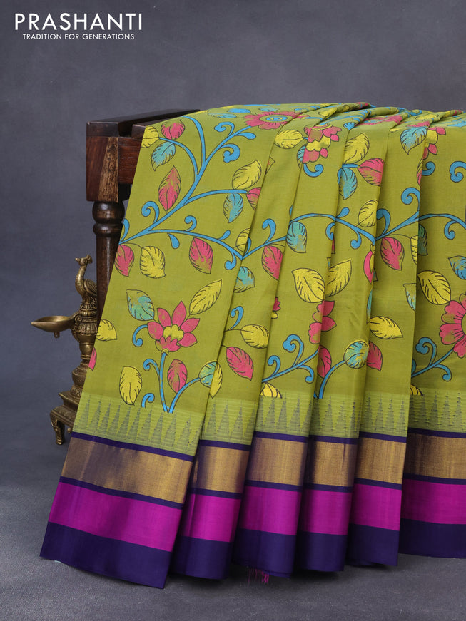 Silk cotton saree mehendi green and dark blue with allover kalamkari prints and temple design zari woven simple border