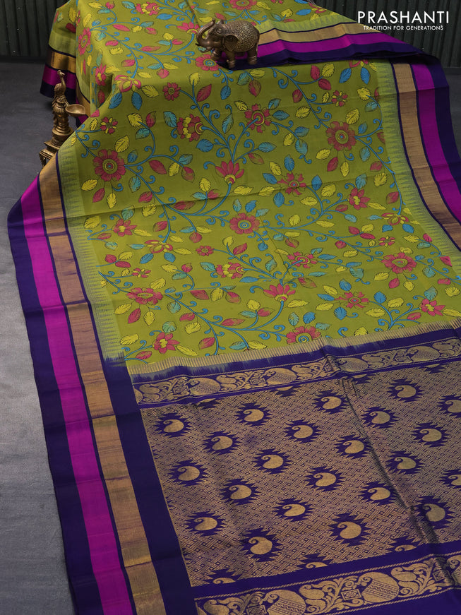 Silk cotton saree mehendi green and dark blue with allover kalamkari prints and temple design zari woven simple border