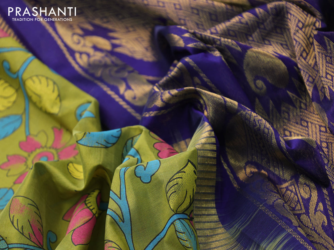 Silk cotton saree mehendi green and dark blue with allover kalamkari prints and temple design zari woven simple border