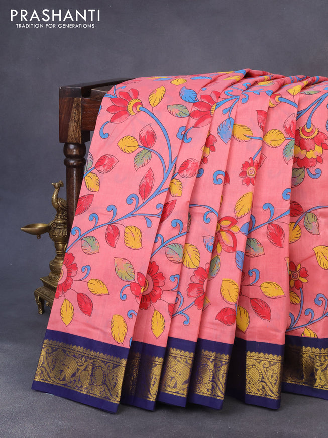 Silk cotton saree peach pink and blue with allover kalamkari prints and zari woven korvai border