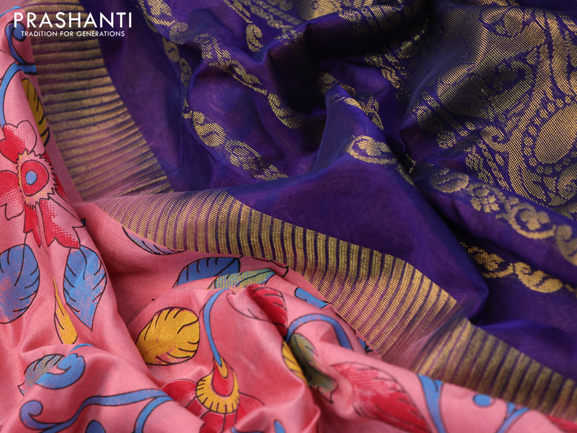 Silk cotton saree peach pink and blue with allover kalamkari prints and zari woven korvai border