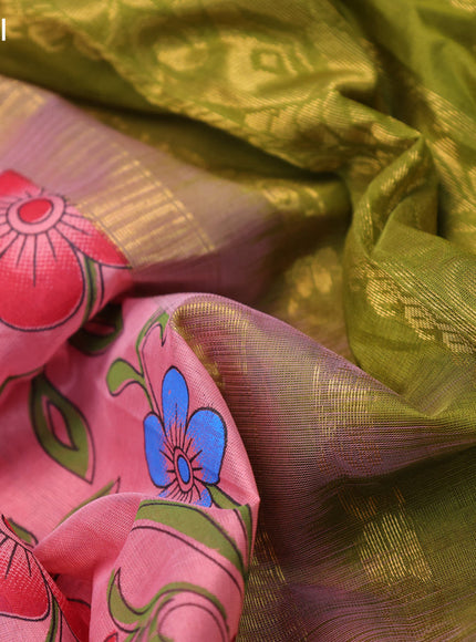 Silk cotton saree peach pink and mehendi green with allover kalamkari prints and zari woven korvai border