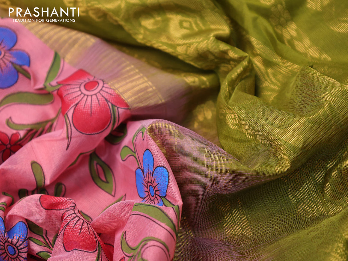 Silk cotton saree peach pink and mehendi green with allover kalamkari prints and zari woven korvai border