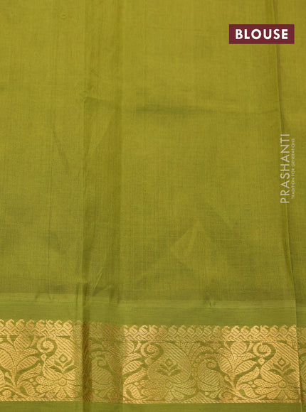 Silk cotton saree peach pink and mehendi green with allover kalamkari prints and zari woven korvai border