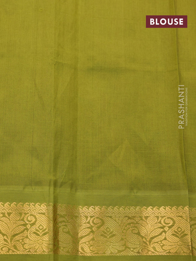 Silk cotton saree peach pink and mehendi green with allover kalamkari prints and zari woven korvai border