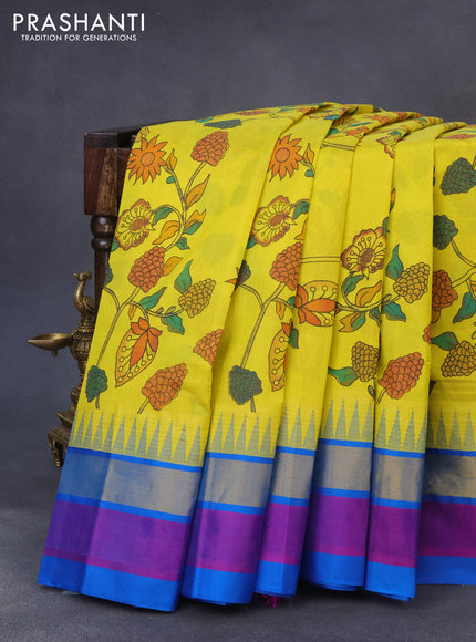 Silk cotton saree lime yellow and cs blue with allover kalamkari prints and temple design zari woven simple border