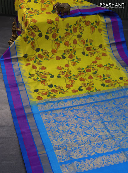 Silk cotton saree lime yellow and cs blue with allover kalamkari prints and temple design zari woven simple border