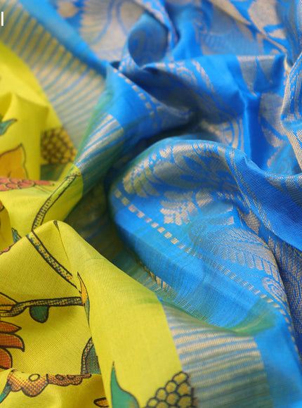 Silk cotton saree lime yellow and cs blue with allover kalamkari prints and temple design zari woven simple border