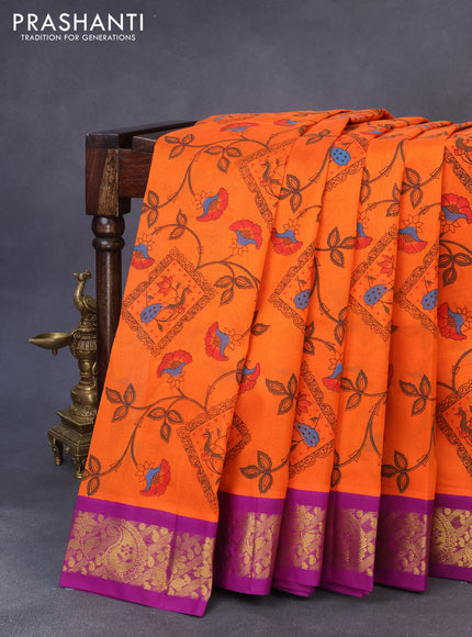 Silk cotton saree orange and purple with allover kalamkari prints and zari woven korvai border