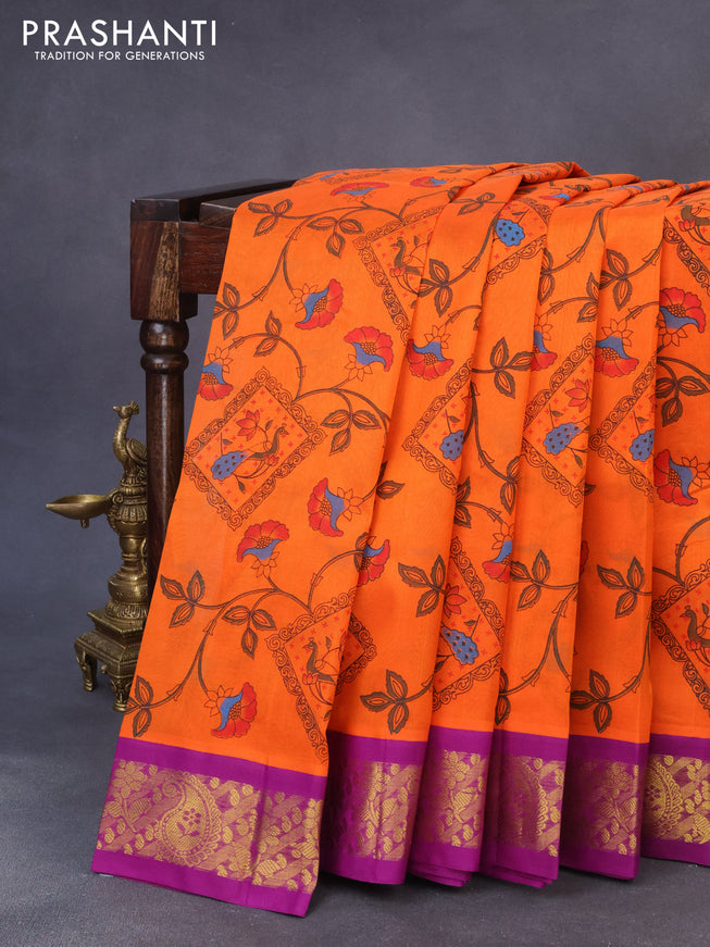 Silk cotton saree orange and purple with allover kalamkari prints and zari woven korvai border