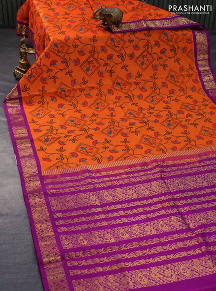 Silk cotton saree orange and purple with allover kalamkari prints and zari woven korvai border