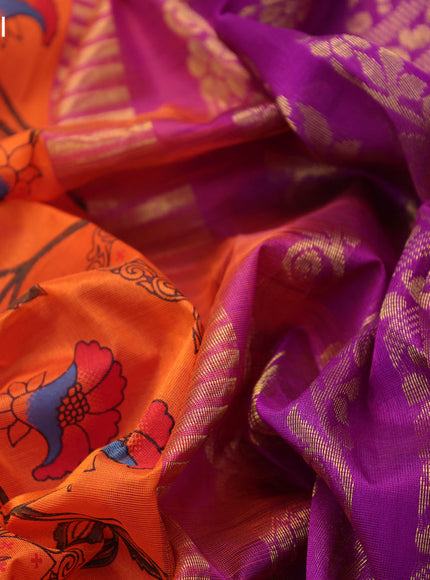 Silk cotton saree orange and purple with allover kalamkari prints and zari woven korvai border