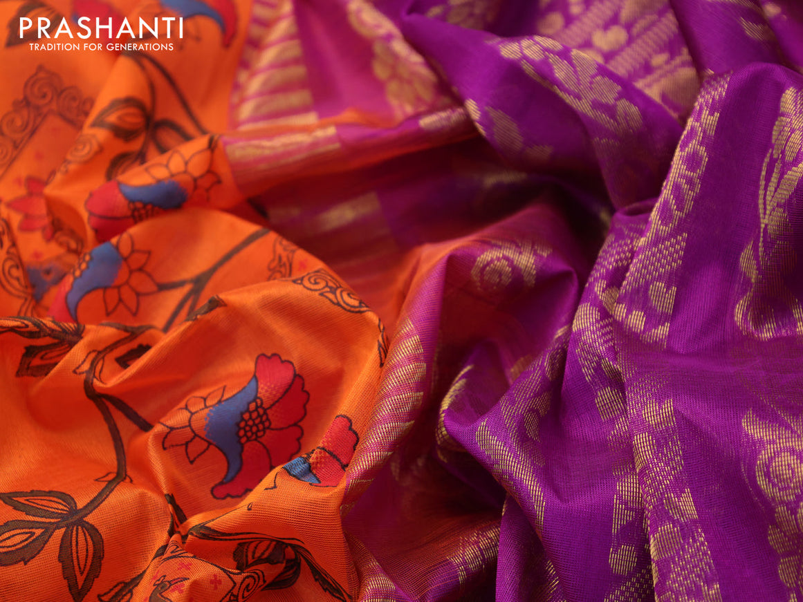 Silk cotton saree orange and purple with allover kalamkari prints and zari woven korvai border