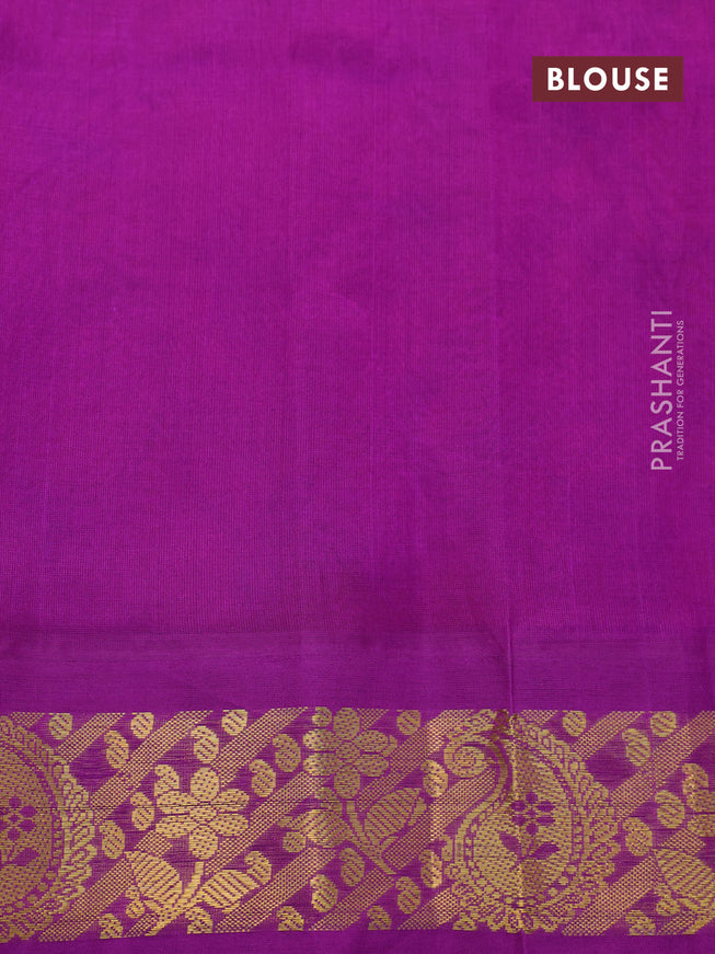 Silk cotton saree orange and purple with allover kalamkari prints and zari woven korvai border