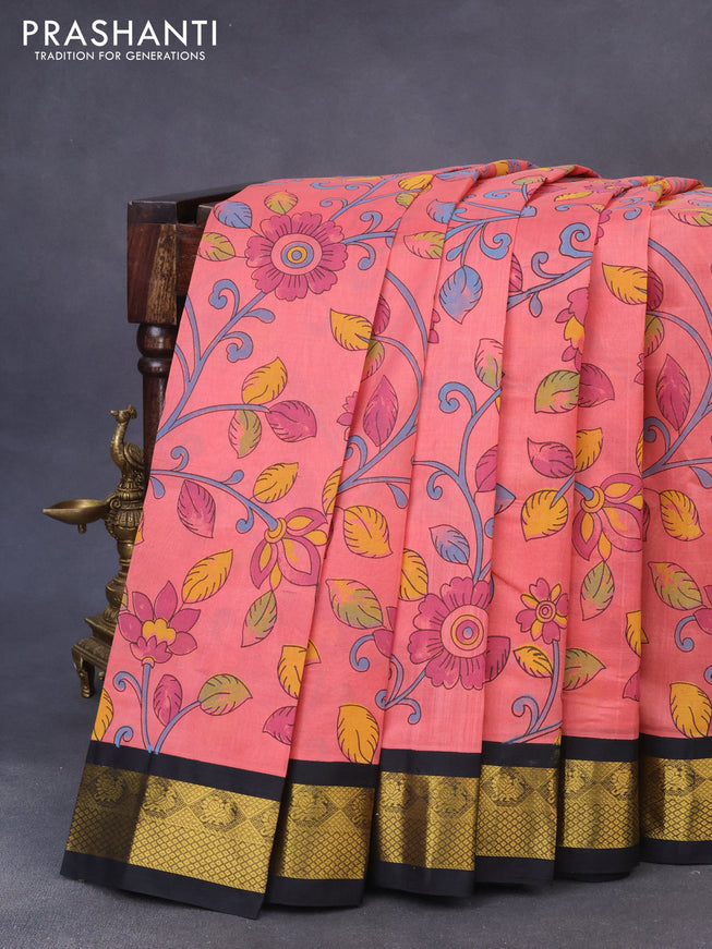 Silk cotton saree peach pink and black with allover floral kalamkari prints and zari woven korvai border