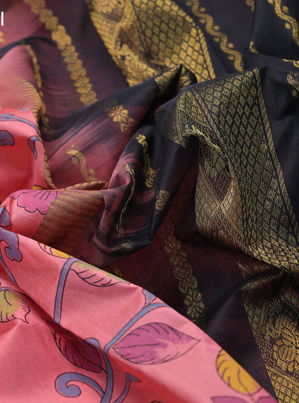 Silk cotton saree peach pink and black with allover floral kalamkari prints and zari woven korvai border